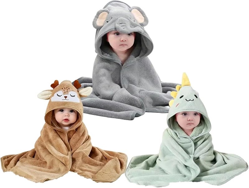 3 قطع من منشفة الأطفال ذات قلنسوة 31.5 × 31.5 بوصة فائقة الامتصاص وناعمة مع تصميم حيوان لطيف - Image 1